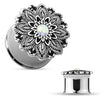 Opal Centered Antique Silver Lotus Flower Top 316L Double Flared WildKlass Tunnels-WildKlass Jewelry