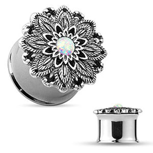 Opal Centered Antique Silver Lotus Flower Top 316L Double Flared WildKlass Tunnels-WildKlass Jewelry