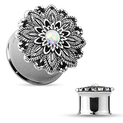 Opal Centered Antique Silver Lotus Flower Top 316L Double Flared WildKlass Tunnels-WildKlass Jewelry
