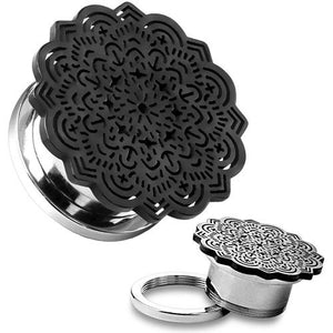 Black Tribal Flower Design Screw Fit Tunnels-WildKlass Jewelry