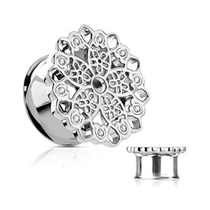 Crystals Set Vintage Filigree Flower Front 316L Surgical Steel Double flared WildKlass Tunnels-WildKlass Jewelry