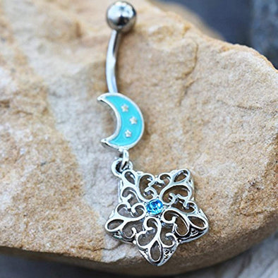 316L Stainless Steel Ornate Moon and Star Dangle WildKlass Navel Ring-WildKlass Jewelry