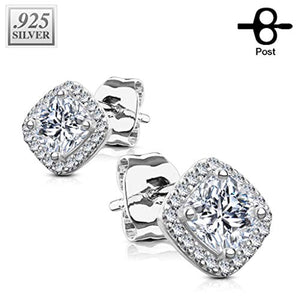 Pair of .925 Sterling Silver WildKlass Stud Earrings/CZ Paved Square with Cushion CZ Center-WildKlass Jewelry