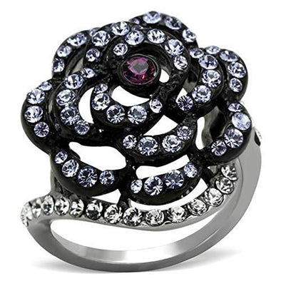 WildKlass Stainless Steel Flower Ring Two-Tone IP Black Women Top Grade Crystal Amethyst-WildKlass Jewelry