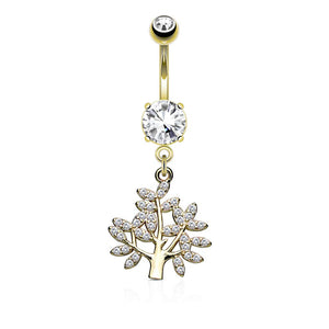 Micro CZ Paved Life Tree Dangle and Round CZ Set 316L Surgical Steel WildKlass Belly Button Navel Rings-WildKlass Jewelry