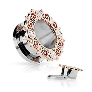 Rose Gold IP CZ Set Vintage Filigree Rim 316L Surgical Steel Screw Fit Flesh WildKlass Tunnels-WildKlass Jewelry