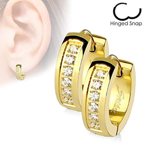 WildKlass Pair of CNC Set Lined CZ Stainless Steel Hoop/Huggie Earrings-WildKlass Jewelry