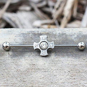 316L Stainless Steel Jeweled Medieval Cross WildKlass Industrial Barbell-WildKlass Jewelry