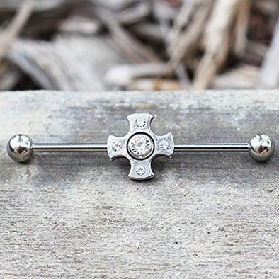 316L Stainless Steel Jeweled Medieval Cross WildKlass Industrial Barbell-WildKlass Jewelry