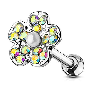 Crystal Paved Flower with Pearl Center 316L Surgical Steel WildKlass Ear Cartilage/Tragus Barbell Studs-WildKlass Jewelry