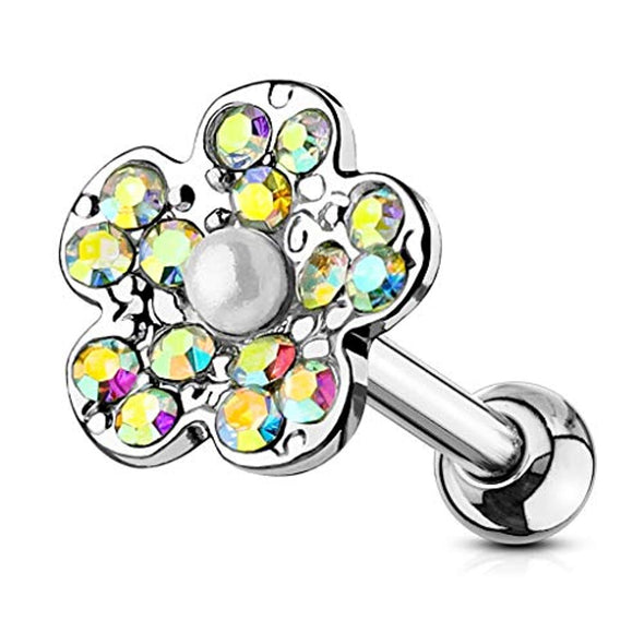 Crystal Paved Flower with Pearl Center 316L Surgical Steel WildKlass Ear Cartilage/Tragus Barbell Studs-WildKlass Jewelry