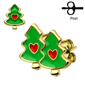 Pair of Christmas Trees with Heart 316L Stainless Steel Wild Stud Earrings-WildKlass Jewelry