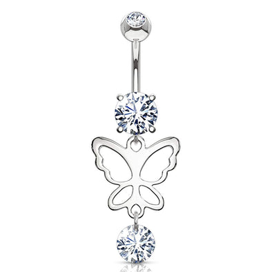 Hollow Butterfly and Round CZ Drop Dangle CZ Prong Set 316L Surgical Steel WildKlass Belly Rings-WildKlass Jewelry