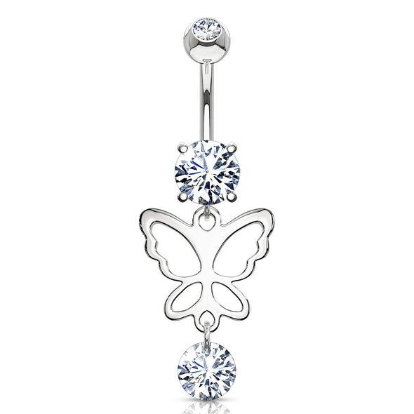 Hollow Butterfly and Round CZ Drop Dangle CZ Prong Set 316L Surgical Steel WildKlass Belly Rings-WildKlass Jewelry