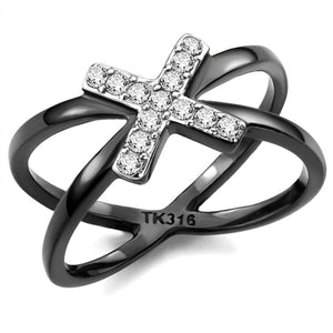 WildKlass Stainless Steel Ring Two-Tone IP Black Women AAA Grade CZ Clear-WildKlass Jewelry