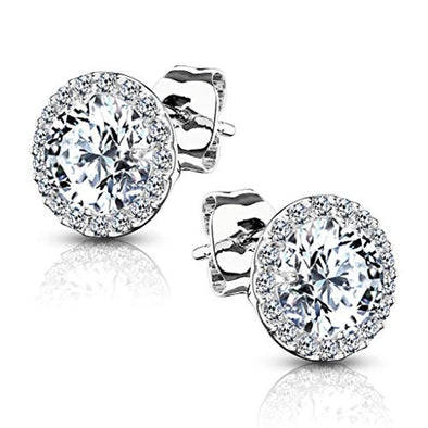 Pair of .925 Sterling Silver WildKlass Stud Earrings/CZ Paved Round with 5mm CZ Center-WildKlass Jewelry