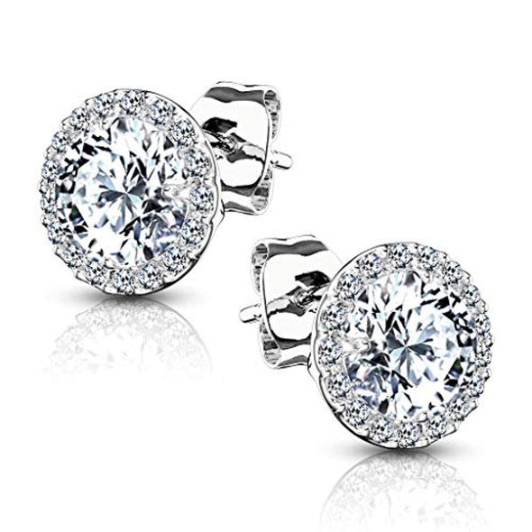 Pair of .925 Sterling Silver WildKlass Stud Earrings/CZ Paved Round with 5mm CZ Center-WildKlass Jewelry
