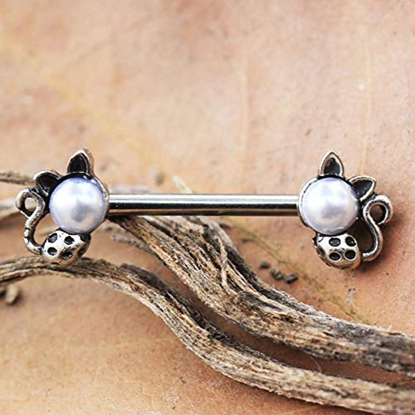 316L Stainless Steel Pearl Spotted Cat WildKlass Nipple Bar-WildKlass Jewelry
