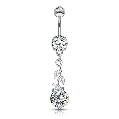 Gemmed Leafs with Large Round CZ Dangle 316L Surgical Steel WildKlass Belly Button Navel Rings-WildKlass Jewelry