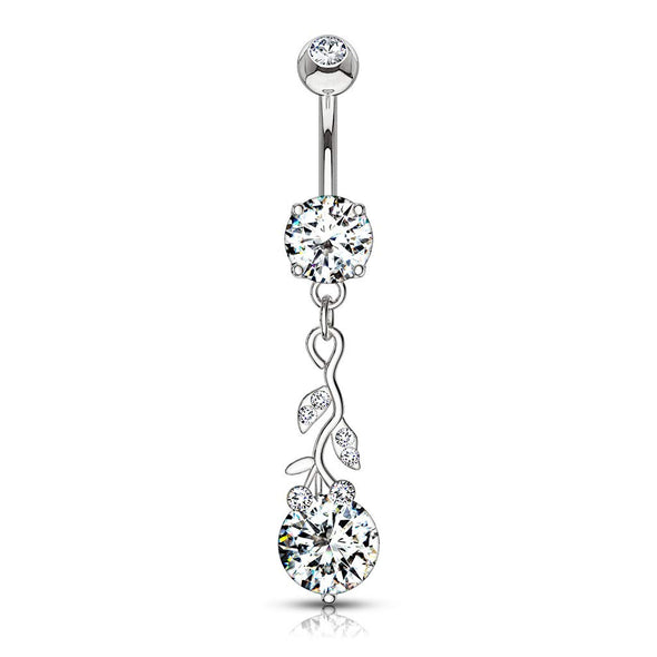 Gemmed Leafs with Large Round CZ Dangle 316L Surgical Steel WildKlass Belly Button Navel Rings-WildKlass Jewelry