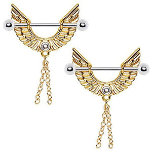 Gold Plated Angel Wing WildKlass Nipple Ring with Chains-WildKlass Jewelry