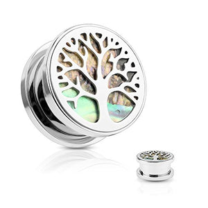 Abalone Inlaid under Life Tree Top 316L Surgical Steel Screw Fit Flesh WildKlass Tunnel Plugs-WildKlass Jewelry