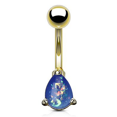 Opal Glitter Tear Drop Prong Set Gold IP Over 316L Surgical Steel WildKlass Belly Button Navel Rings-WildKlass Jewelry
