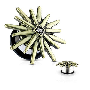 Antique Gold Plated Tribal Sunburst Front 316L Surgical Steel Single Flared WildKlass Tunnel Plugs-WildKlass Jewelry