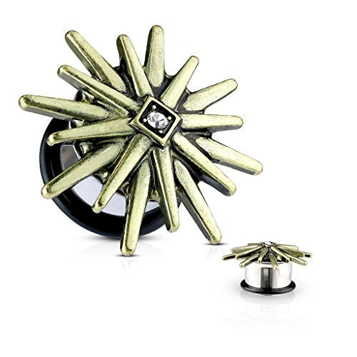 Antique Gold Plated Tribal Sunburst Front 316L Surgical Steel Single Flared WildKlass Tunnel Plugs-WildKlass Jewelry