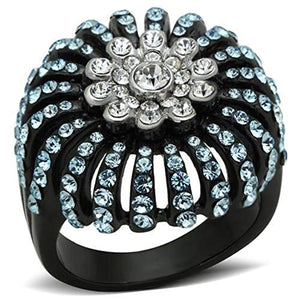 WildKlass Stainless Steel Flower Ring Two-Tone IP Black Women Top Grade Crystal Sea Blue-WildKlass Jewelry