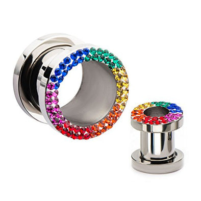 Screw Fit Steel WildKlass Tunnel Plugs with Rainbow CZ Front-WildKlass Jewelry