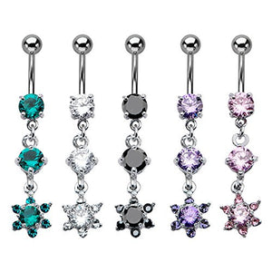 Double Gem and Gem Flower WildKlass Dangle Charm Belly Ring-WildKlass Jewelry