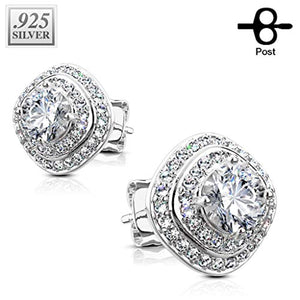 Pair of .925 Sterling Silver CZ Paved Triple Tier Square WildKlass Stud Earrings-WildKlass Jewelry