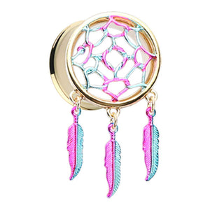 Golden Dreamcatcher Feather Dangle Ear Gauge WildKlass Plug-WildKlass Jewelry