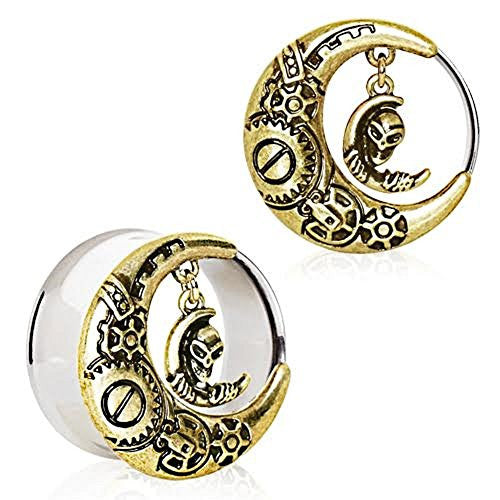 Gold Plated Steam Punk Crescent Moon Tunnel WildKlass Plug with Alien Dangle-WildKlass Jewelry