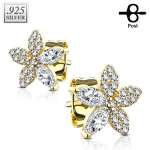 Pair of .925 Sterling Silver Micro CZ Paved and Marquise CZ Flower WildKlass Stud Earrings-WildKlass Jewelry