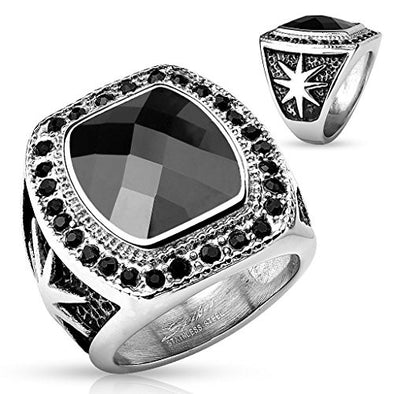 Large Black Gem with Starburst Design Stainless Steel Ring (Sold Individually)-WildKlass Jewelry