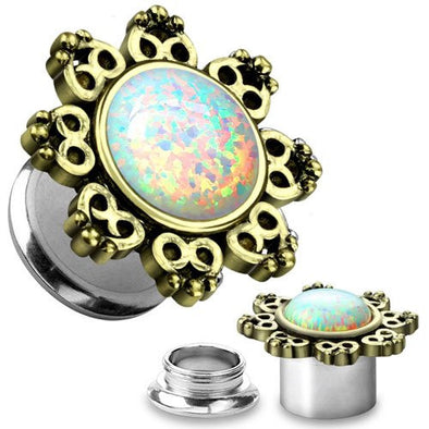 Lotus Flower Opal Stone Screw Fit Tunnels-WildKlass Jewelry