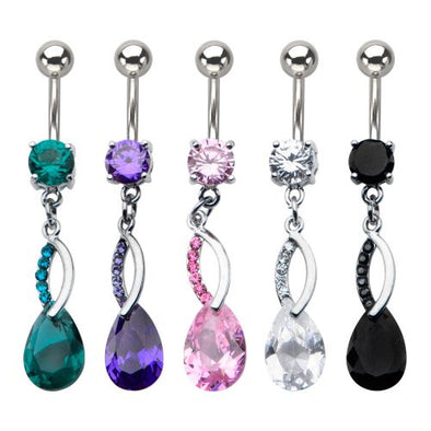 WildKlass Navel with Prong Set Gem and Tear Drop Gem Dangle Charm-WildKlass Jewelry