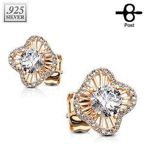 Pair of .925 Sterling Silver CZ Paved Waved Square with Round CZ Center WildKlass Stud Earrings-WildKlass Jewelry