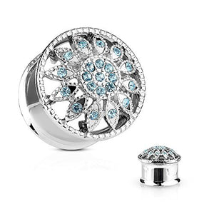 Crystal Paved Flower Front 316L Surgical Steel Double Flared WildKlass Tunnel Plugs-WildKlass Jewelry