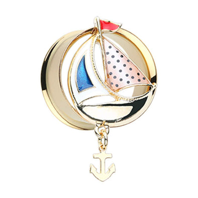 Golden Sail Boat Anchor Dangle Ear Gauge WildKlass Plug-WildKlass Jewelry