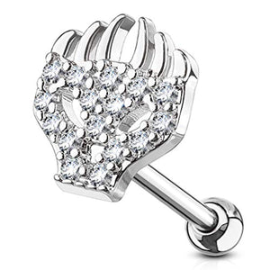 CZ Paved Flaming Skull Top 316L Surgical Steel WildKlass Cartilage, Tragus Barbell Studs-WildKlass Jewelry