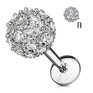 CZ Paved 6mm Ball Top 316L Surgical Steel WildKlass Internally Threaded Labret, Monroe, Ear Cartilage Studs-WildKlass Jewelry
