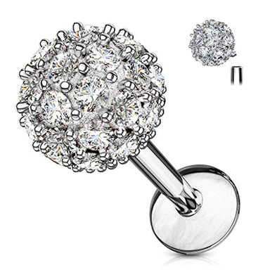 CZ Paved 6mm Ball Top 316L Surgical Steel WildKlass Internally Threaded Labret, Monroe, Ear Cartilage Studs-WildKlass Jewelry