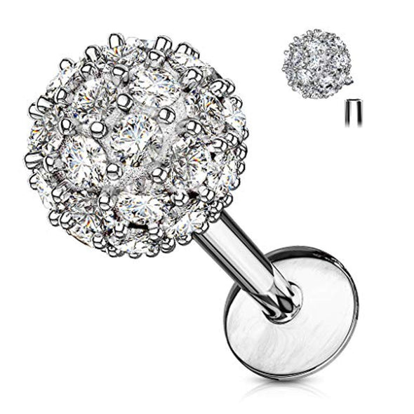 CZ Paved 6mm Ball Top 316L Surgical Steel WildKlass Internally Threaded Labret, Monroe, Ear Cartilage Studs-WildKlass Jewelry