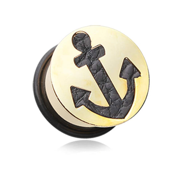 Golden Leather Filled Anchor Ear Gauge WildKlass Plug-WildKlass Jewelry