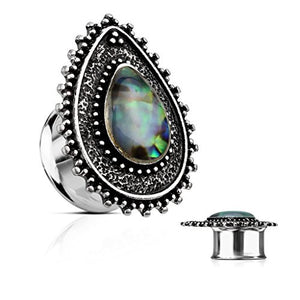 Abalone Centered Tear Drop Top 316L Surgical Steel double Flared WildKlass Tunnel Plugs-WildKlass Jewelry