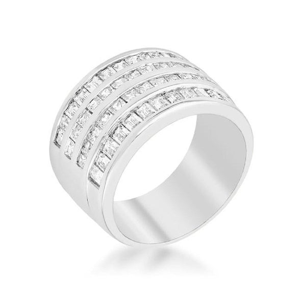 WildKlass 4 Row Rhodium Plated Cubic Zirconia Cocktail Ring-WildKlass Jewelry