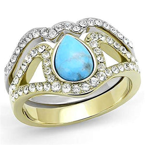 WildKlass Stainless Steel Ring Two-Tone IP Gold Women Synthetic Turquoise-WildKlass Jewelry